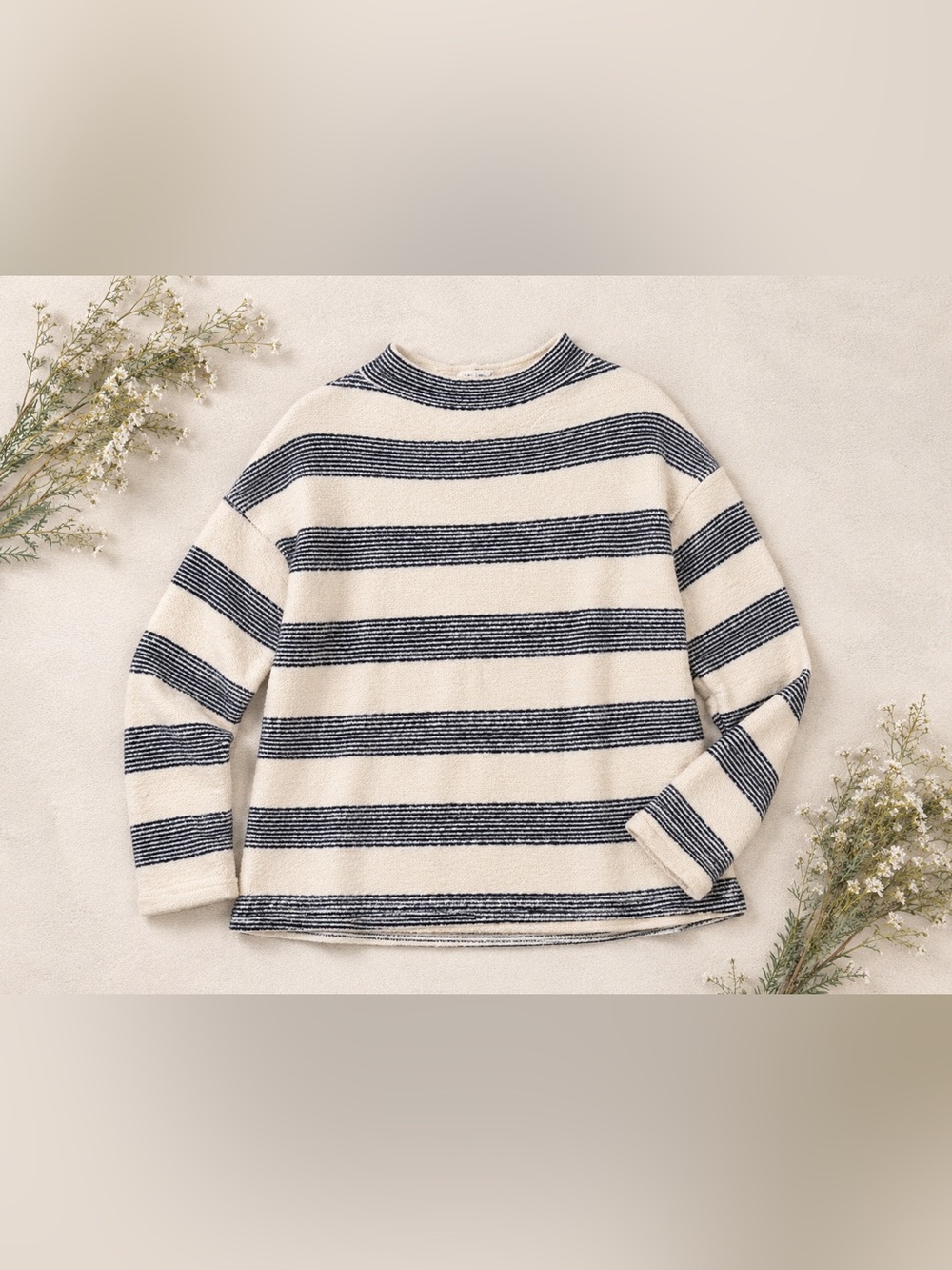 Anthro Eri + Ali Seborie Sweater | Coastal French Mock Neck | Cream Navy Knit